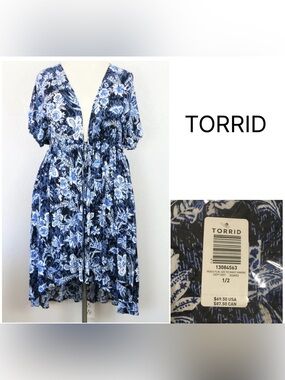 TORRID - 1/2X - NWT - FLORAL BLUE WHITE MAXI HI-LO KIMONO CARDIGAN / KAFTAN